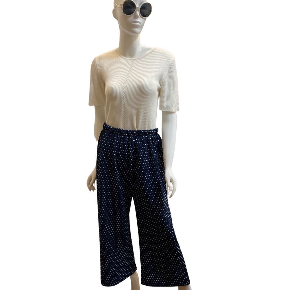 Vintage 1970s Retro Navy Polka Dot High Waist Wide Leg Stretchy Pull On Pants